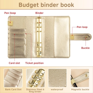 Golden PU leather budget binder with 6-ring binder, card slots, and magnetic buckle