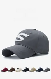 Detailed view of the dark grey cotton baseball cap with 3D white S letter embroidery