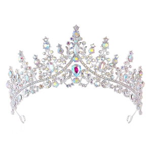 Close-up of a silver bridal crown with multi-colored rhinestones and pear-cut crystals
