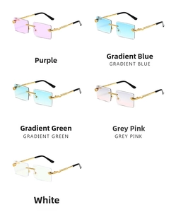 Flat lay of rimless square sunglasses with gold snake texture temples in five colors
