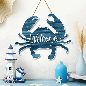 Mediterranean Style Poplar Wood Crab Welcome Hanging Sign Coastal Theme Beach House Wooden Wall Decor For Home Office