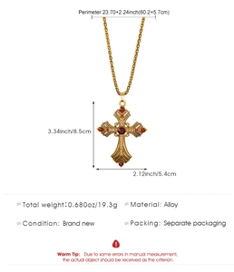 Detailed spec sheet showing cross pendant dimensions 8.5x5.4cm and beaded chain measurements