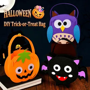 DIY Halloween felt candy bags set featuring pumpkin, owl, and bat designs for kids