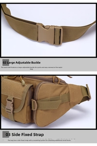 Tactical waist bag detail showing large quick-release buckle and side mounting system