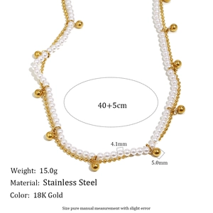 Collier double rang en acier inoxydable plaqué or 18 carats avec perles et billes