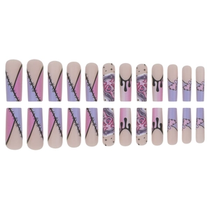 Halloween long square press-on nails with purple gradient and black gothic graffiti
