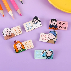 Cartoon inspirational famous figure enamel badges with academic purple background and pencils
