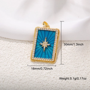 Star-patterned tarot style rectangular pendant with blue enamel and zircon frame