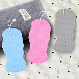 Detailed view of exfoliating bath sponges in blue pink and gray with fish scale texture