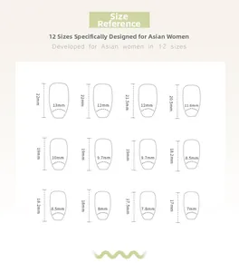 Size chart showing 12 different dimensions for press-on nails ranging from 7mm to 13mm