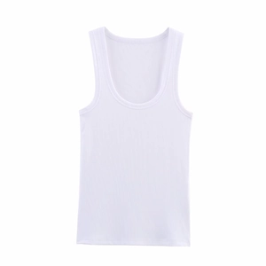 Minimalist white ribbed tank top with round neck in a premium knit texture