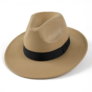 Detail of khaki wool fedora hat featuring a smooth felt texture and black ribbon band