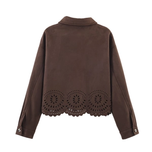 Women's brown suede-textured jacket with laser-cut floral hem and long sleeves