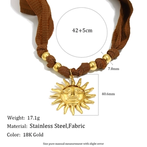 Luxury 18K gold-plated stainless steel sun face pendant on brown cord necklace