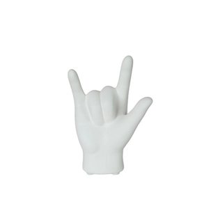 Modern white matte ceramic hand sculpture in I Love You gesture for home decor