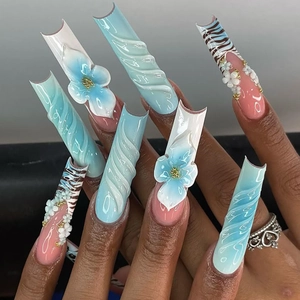 3D light blue long coffin press-on nails with floral relief and pearl accents