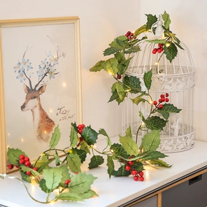 Artificial Christmas Garland Holly Leaves Red Berries Vine With LED Warm White Light Hanging Decor Festive Party Home
