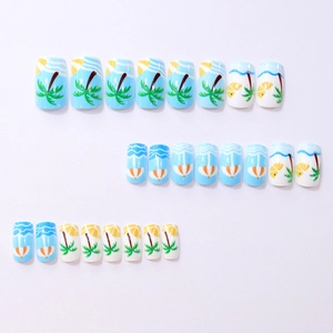 Summer beach press-on nails set with 24 pieces featuring palm trees and wave designs