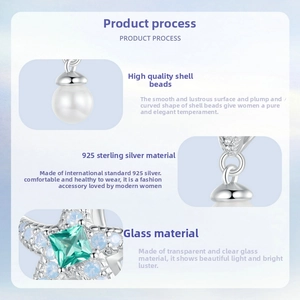 Detail of S925 silver starfish charm with premium shell pearl and green glass stones