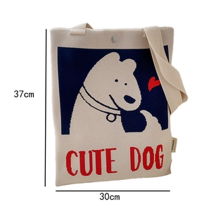 Detail view of the cute dog knit tote bag showing the 37cm height and 30cm width scale