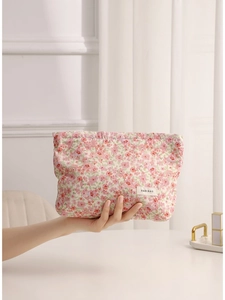 Floral cotton makeup bag with cute patterns and large capacity for travel storage