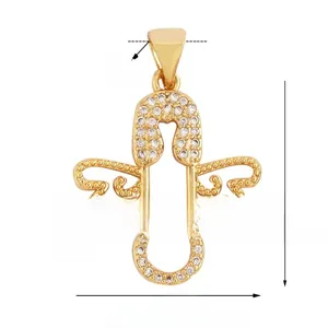 Detailed view of a gold-plated angel pendant with white cubic zirconia, 21x20mm size