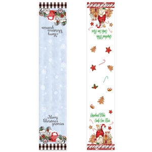 178cm Christmas table runner featuring festive gnomes and gingerbread house patterns