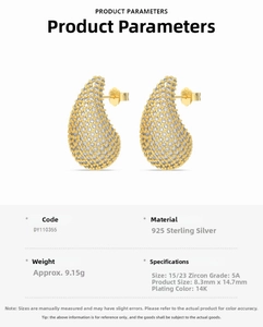 Detailed view of 925 sterling silver drop earrings with 5A zircons and 14K gold plating