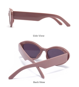 Detailed side and back view of retro oval sunglasses in dusty pink with thick frames
