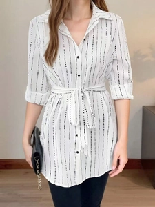 Women Striped Shirt Dress Polyester Long Sleeve Lapel Button Up Belted Casual Office Midi Dress White Chic