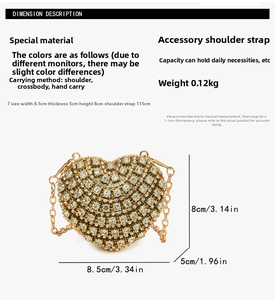 Tableau des tailles détaillé pour sac de soirée cœur en strass, dimensions 8,5x5x8cm