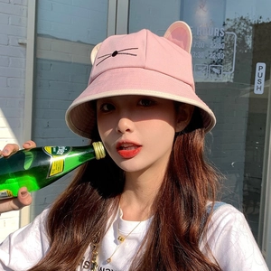 Cute pink bucket hat for women with cat ears and whisker embroidery for sun protection
