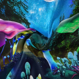 Close-up of bohemian mushroom tapestry with vibrant forest glow and silky fabric texture