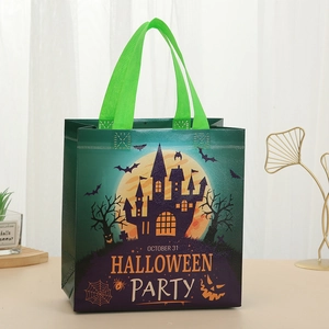 Detail of Halloween non-woven gift bag with gothic castle, pumpkin and moon print