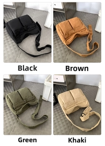Collage of canvas messenger bags in black, brown, green and khaki with utility pockets