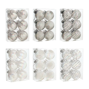 Set of 6 silver iridescent Christmas balls with assorted star and snowflake patterns