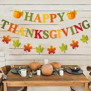 Bannière décorative Happy Thanksgiving avec motifs de citrouilles et feuilles d'érable