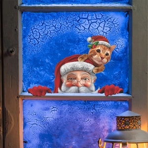 Christmas window decals with Santa Claus and orange cat peeking on frosted glass
