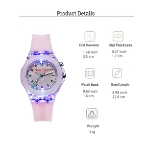 Luminous kids watch details showing a clear pink case, blue LED light, and soft silicone strap