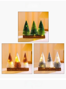 Miniature sisal pine trees on wooden base with warm LED lights in three color variations