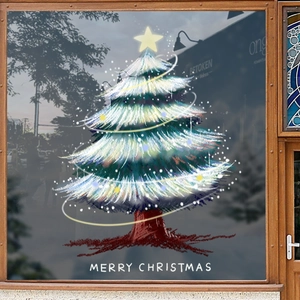 Hand-painted Christmas tree window static sticker with Merry Christmas text on glass