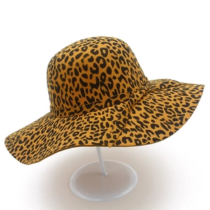 Vintage leopard print wool felt sun hat with wide brim and decorative ribbon for women