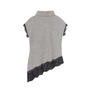 Hahnentritt Hochhals Top Spitze Patchwork Asymmetrischer Saum Kurzarm Elegante Bluse Damen Mode