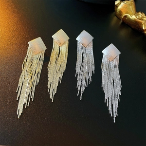 Rhombus Tassel Earrings Copper Geometric Metallic Long Chain Jewelry With 925 Sterling Silver Earring Post For Women