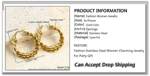 Detailed view of 18k gold plated stainless steel C-shape hoops with sizing and 3.6cm diameter