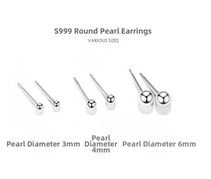 Size chart for S999 sterling silver ball stud earrings in 3mm, 4mm, and 6mm diameters