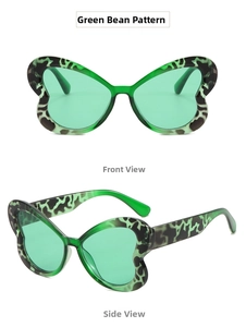 Detailed front and side views of green butterfly-shaped sunglasses with leopard pattern