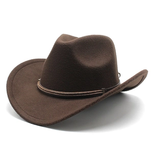 Classic dark brown wide brim felt cowboy hat with leather studded band and curved brim