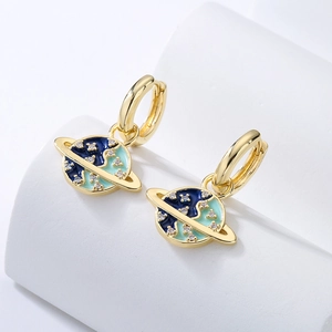 Creative 18K gold plated planet earrings with blue enamel and sparkling crystal stones