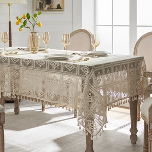 American Retro Lace Tablecloth Elegant Hollow Out Geometric Pattern With Tassel Fringe Protective Dining Table Cover